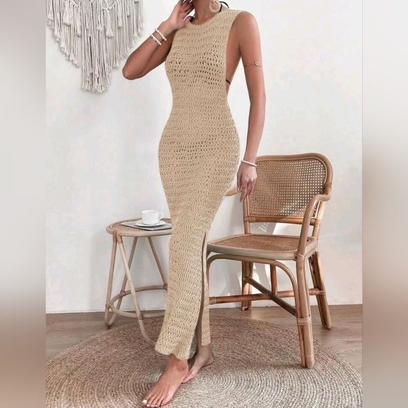 NEW Chic Crochet Knit Bodycon Maxi Swim Cover Up Dress Khaki Tan Beige